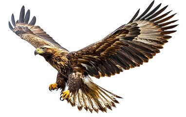 Obraz premium Majestic Golden Eagle in Flight Isolated on White Background with Clipping Path - Powerful Bird of Prey Flying High
