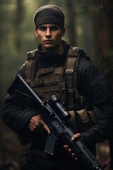 Fototapeta premium A soldier in camouflage stands alert in a lush forest, embodying bravery and determination. A man with a machine gun