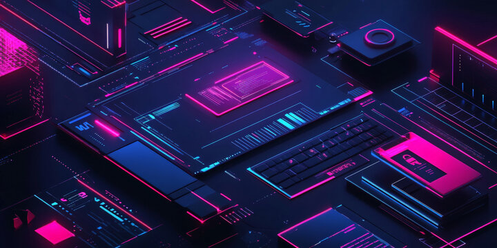 A tech-focused web design with a dark mode theme, sharp lines, neon accents, and floating 3D elements.