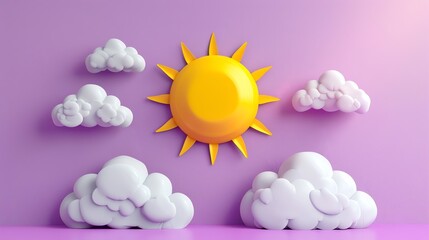 A cartoon sun and clouds on a purple background.