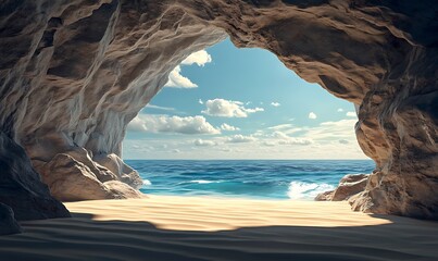 A Beach View Through a Rocky Cave Entrance