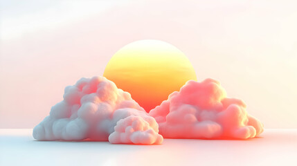 Obraz premium 3D Floating Cloud and Sun Ray with Sunrise Glow Text Concept - Isolated Elements on White Background Symbolizing Warmth and Beauty of Sunrise
