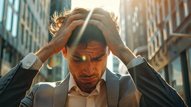 City Stress:  A young businessman grapples with the weight of pressure, his hands buried in his hair as a  sun-drenched urban landscape blurs around him.  A poignant portrayal of modern work-life bala