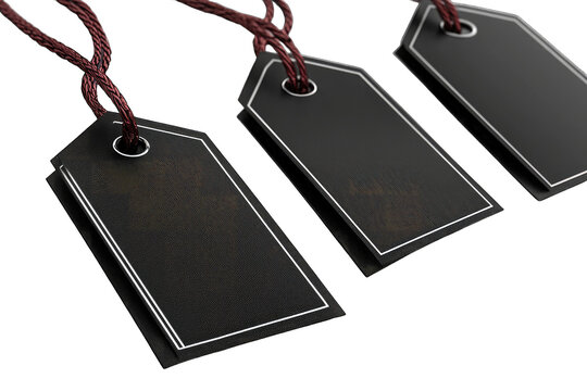 Set of three black price tags with red string, perfect for retail displays or product labeling.