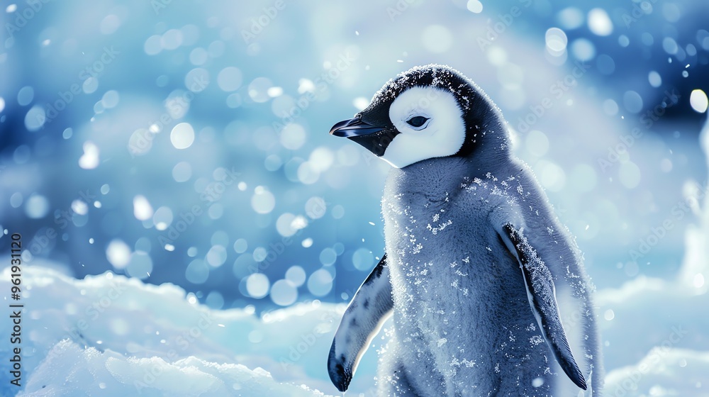 Canvas Prints A penguin chick in a snowy, icy landscape.