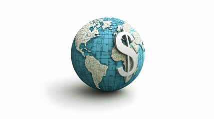 3D Floating Dollar Sign and Globe: International Finance Concept - Sleek Vector Illustration Isolated on White Background Emphasizing Global Financial Markets and Trade