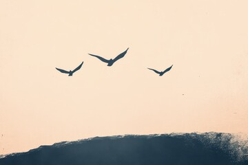 Three Silhouettes of Birds Flying Over a Dark Landmass