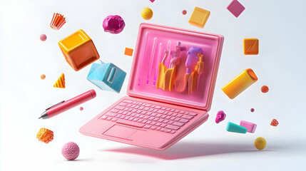 3D Floating Laptop and Pen Icon with Content Creation Text - Sleek Vector Design Isolated on White Background, Representing Creative Marketing Content Production