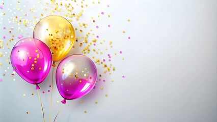 Festive colorful transparent  balloons with glitter confetti on clean background, Party or birthday background, free space for text	