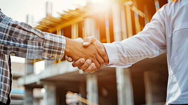 Construction Deal Sealed: Close-up of a firm handshake between a construction worker and a businessman, signifying a successful agreement against a backdrop of a vibrant construction site. 
