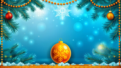 Elegant Christmas scene with golden ornament and fir branches on blue snowy background with copy space
