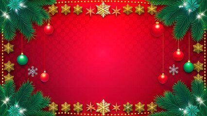 Festive red Christmas background with green fir branches and ornaments with copy space