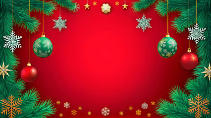 Festive Christmas scene with green and red ornaments on vibrant red background with copy space
