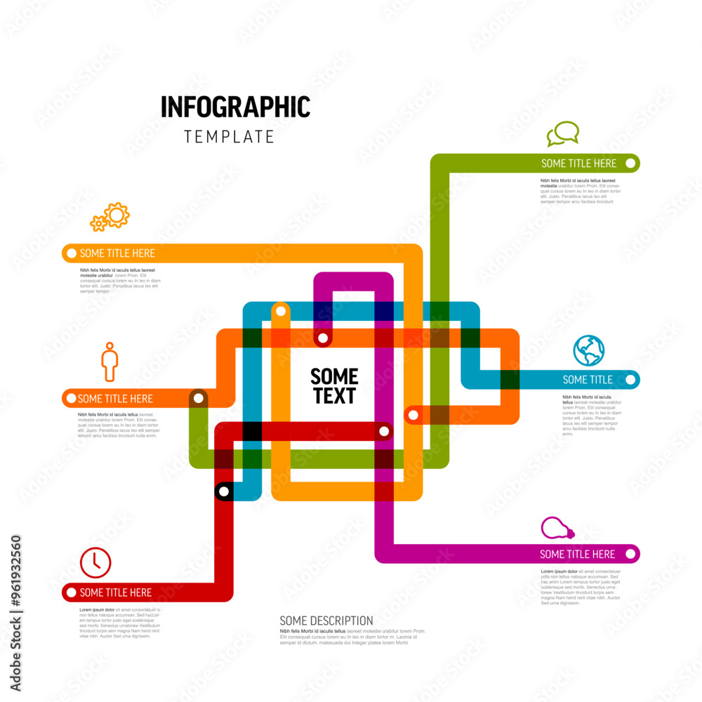 Poster multipurpose infographic template with color lines that makes some abstract map and icons with descr