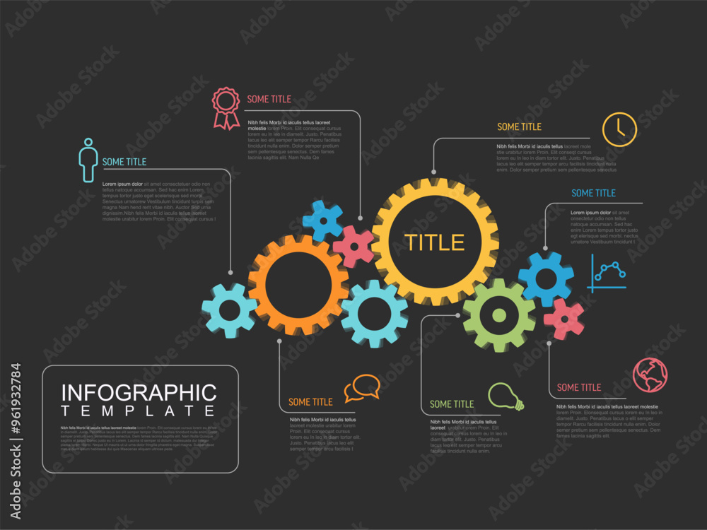 Wall mural multipurpose infographic report template made from cogwheels icons and descriptions. infochart templ