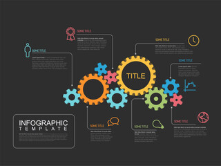 Multipurpose infographic report template made from cogwheels icons and descriptions. Infochart template for engine or wheel mechanism with color wheels on dark background