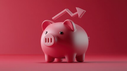 A pink piggy bank with an upward arrow above it, symbolizing savings growth, financial success, and wealth accumulation.

