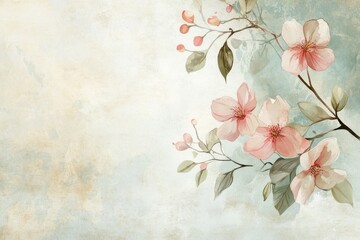 Watercolor Painting of Pink Flowers and Green Leaves on a Textured Background