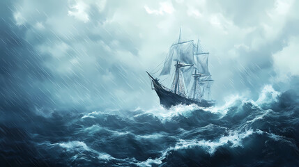 Sailing ship swinging on stormy sea waves, rough ocean with rain and thunderstorm. Stormy Sea. Illustration