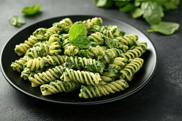 Spinach sauce on pasta on plate