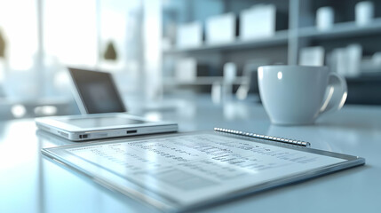 Fototapeta premium 3D Glossy Desktop with Marketing Calendar and Digital Tools Concept - Close-Up of Organized Workspace for Marketing Officers with Reflective Surface