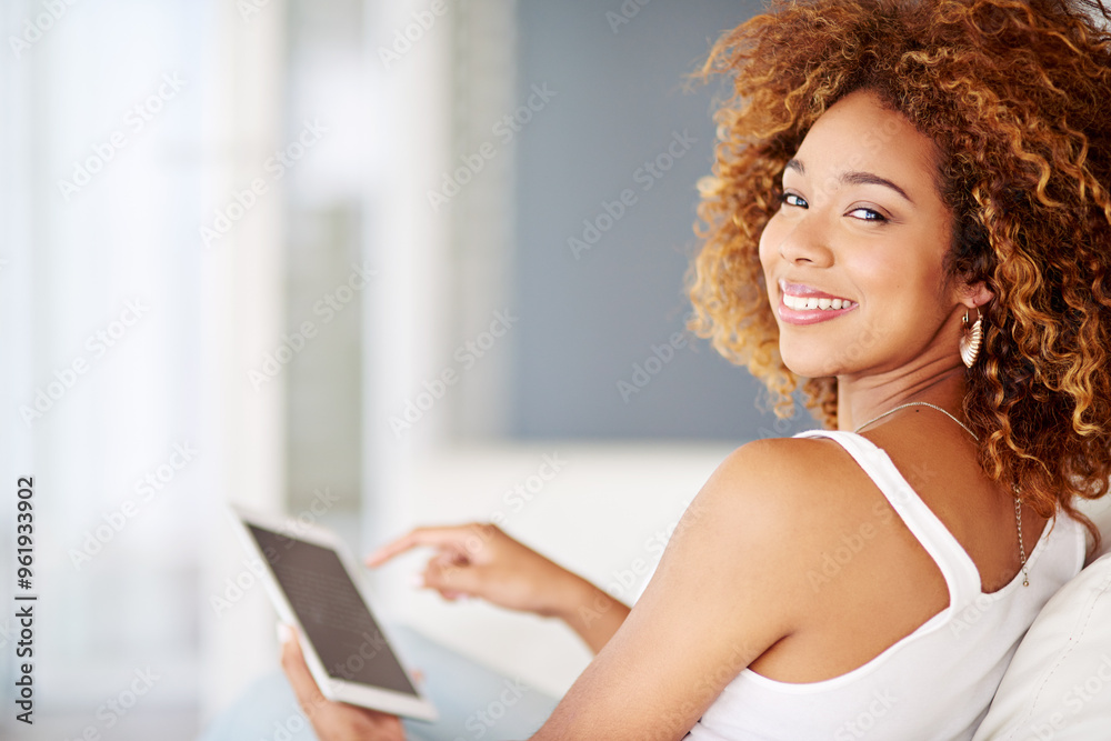 Canvas Prints Portrait, tablet and happy black woman on sofa in living room of home for weekend social media browsing. App, face and streaming with smile of person in apartment for ecommerce or shopping online