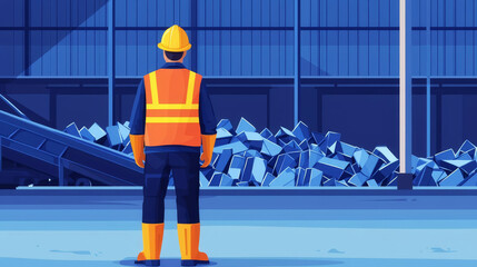 Obraz premium Worker in metal recycling plant, safety vest and boots, flat design illustration