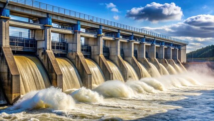 Close-up of a dam's turbine in action, water rushing through to produce electricity, highlighting the power of sustentation