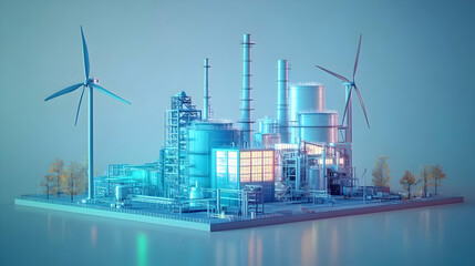 Fototapeta premium 3D Glossy Factory and Wind Turbine Concept with Holographic Emission Levels & Energy Data - High Angle Shot on White Background for Industrial Sustainability