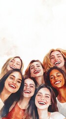 Obraz premium Group of diverse women smiling joyfully in watercolor.