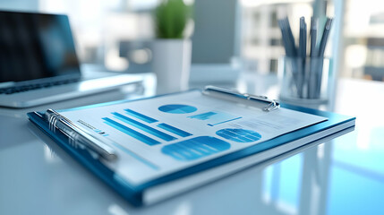 3D Glossy Presentation Folder with Marketing Proposals and Graphics Concept: High Angle Shot on Polished Desk, Showcasing Professional Appeal and Visual Impact