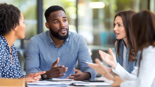 A group of people are sitting around a table, talking to each other