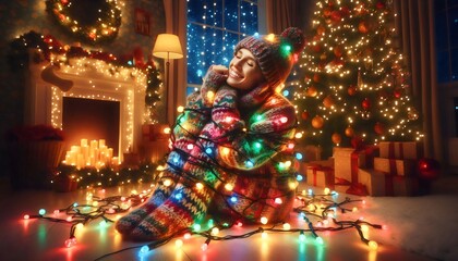 Warm Christmas Spirit: Woman Surrounded by Decorations and Lights