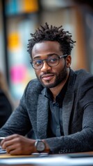 Obraz premium A man with glasses and a beard is sitting at a desk with a pen in his hand