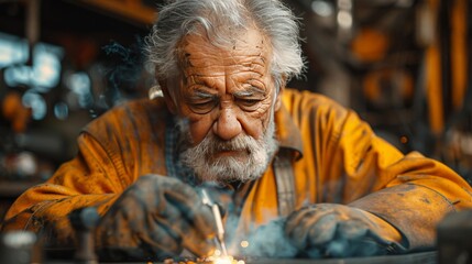 Obraz premium Close-up of a Welder Working on Metal in a Workshop