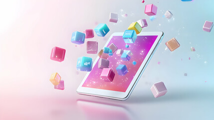 3D Glossy Tablet with Holographic Product Icons and Customer Reviews - Ideal for E-commerce & Product Marketing on White Background