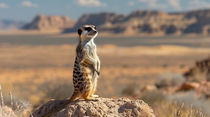 Curious meerkat standing on lookout, desert backdrop: A meerkat stands on its hind legs, surveying the desert landscape with keen eyes, ever watchful and alert for any sign of danger. 