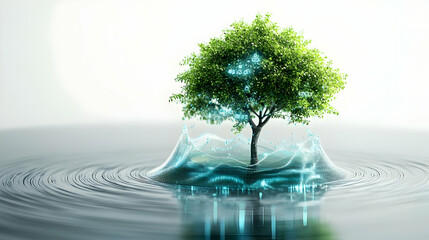 3D Glossy Icon of Tree and Water Droplet with Holographic Growth Data & Conservation Symbols for Environmental Sustainability on White Background