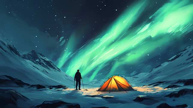 Mountain camping, man standing out of a tent, winter snowy landscape. northen polar lights, green color aurora borealis on sky, ai generative. Aurora Borealis. Illustration