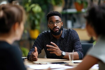 Obraz premium A man with glasses is talking to two other people at a table