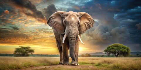 Fototapeta premium A majestic elephant standing in its natural habitat, wildlife, safari, animal, mammal, tusks, trunk, big, nature, African