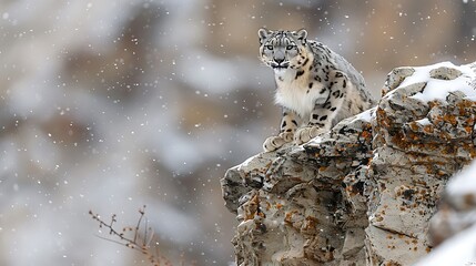 Elusive snow leopard perched on Himalayan cliff: A snow leopard, elusive and stealthy, perches on a...