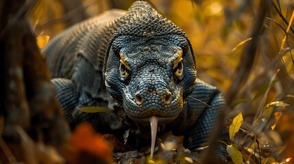 Fototapeta premium Fierce Komodo dragon stalking through underbrush: A Komodo dragon stalks through the dense underbrush, its tongue flicking out to taste the air as it searches for prey, its eyes focused and 