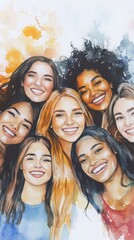 Obraz premium Group of happy women with vibrant watercolor effects