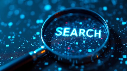 Electronic Search System Concept, Digital Magnifier with Blue Flowing Binary Code