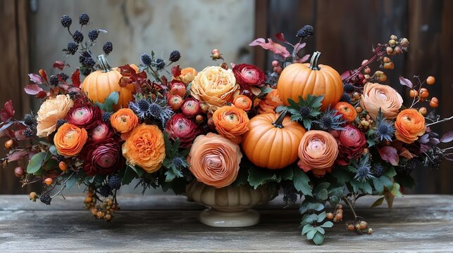 autumn floral arrangement pumpkins and fall foliage rustic elegance warm color palette seasonal centerpiece