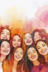 Fototapeta premium Happy women in group with warm watercolor effects