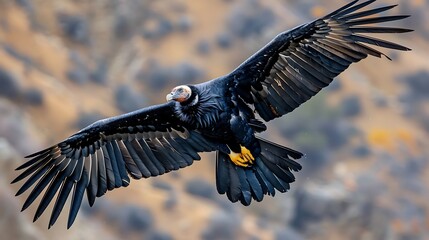 Majestic California condor soaring over canyon: A majestic California condor soars high above a rugged canyon, its massive wings outstretched as it glides effortlessly on the thermals. 