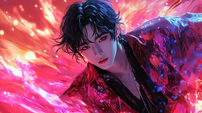 43. A portrait of a Korean K-pop singer in anime style with a dramatic, high-energy look, featuring bold, exaggerated poses and colorful clothing, set against a dynamic, animated background with