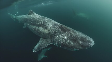 Naklejka premium Massive Greenland shark in deep Arctic waters: A massive Greenland shark swims slowly through the deep, icy waters of the Arctic, its ancient and mysterious presence evoking awe and wonder. 